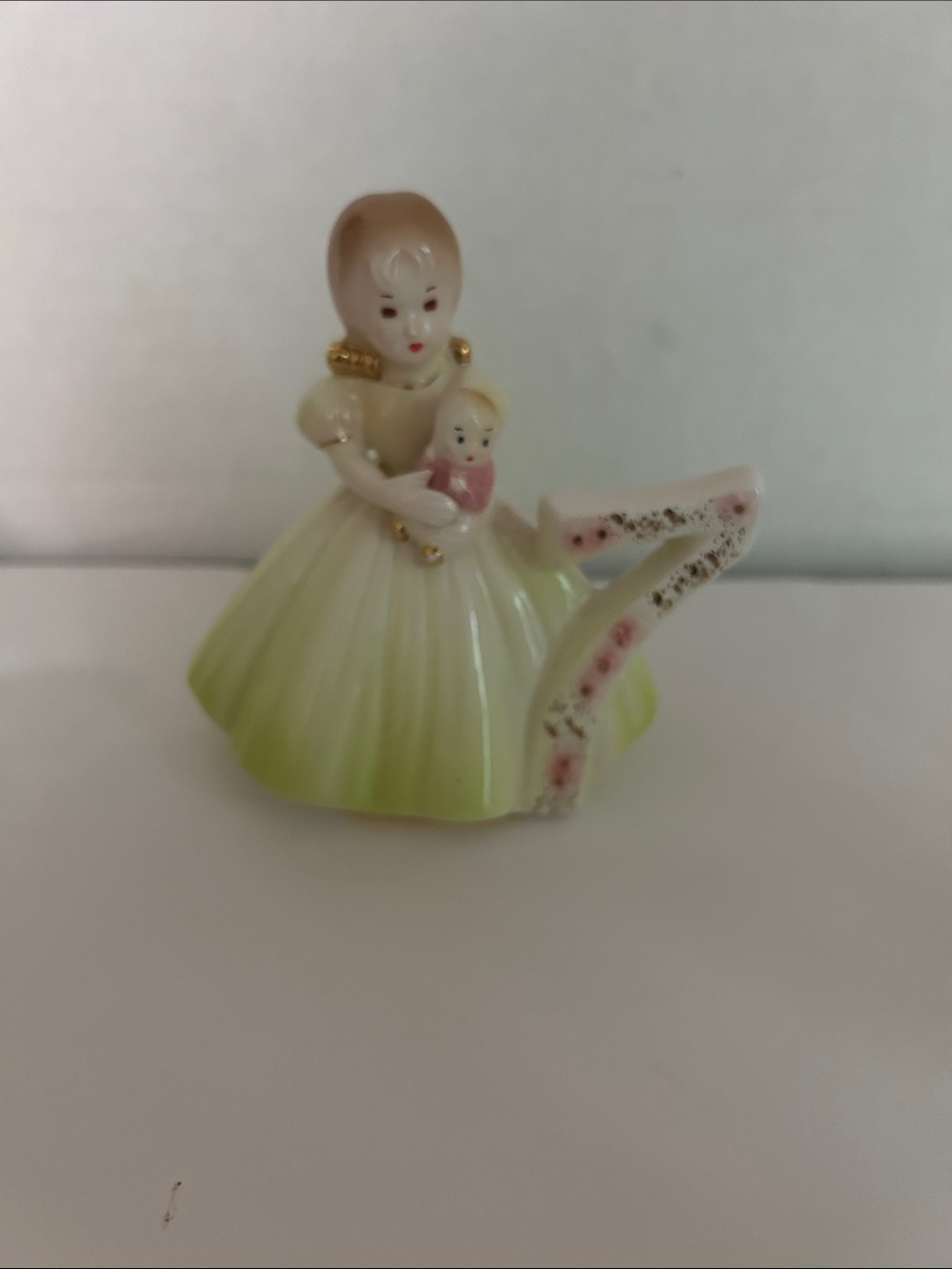 Porcelain Figurine Girl with Doll in Light Yellow Dress Vintage birthday 7
